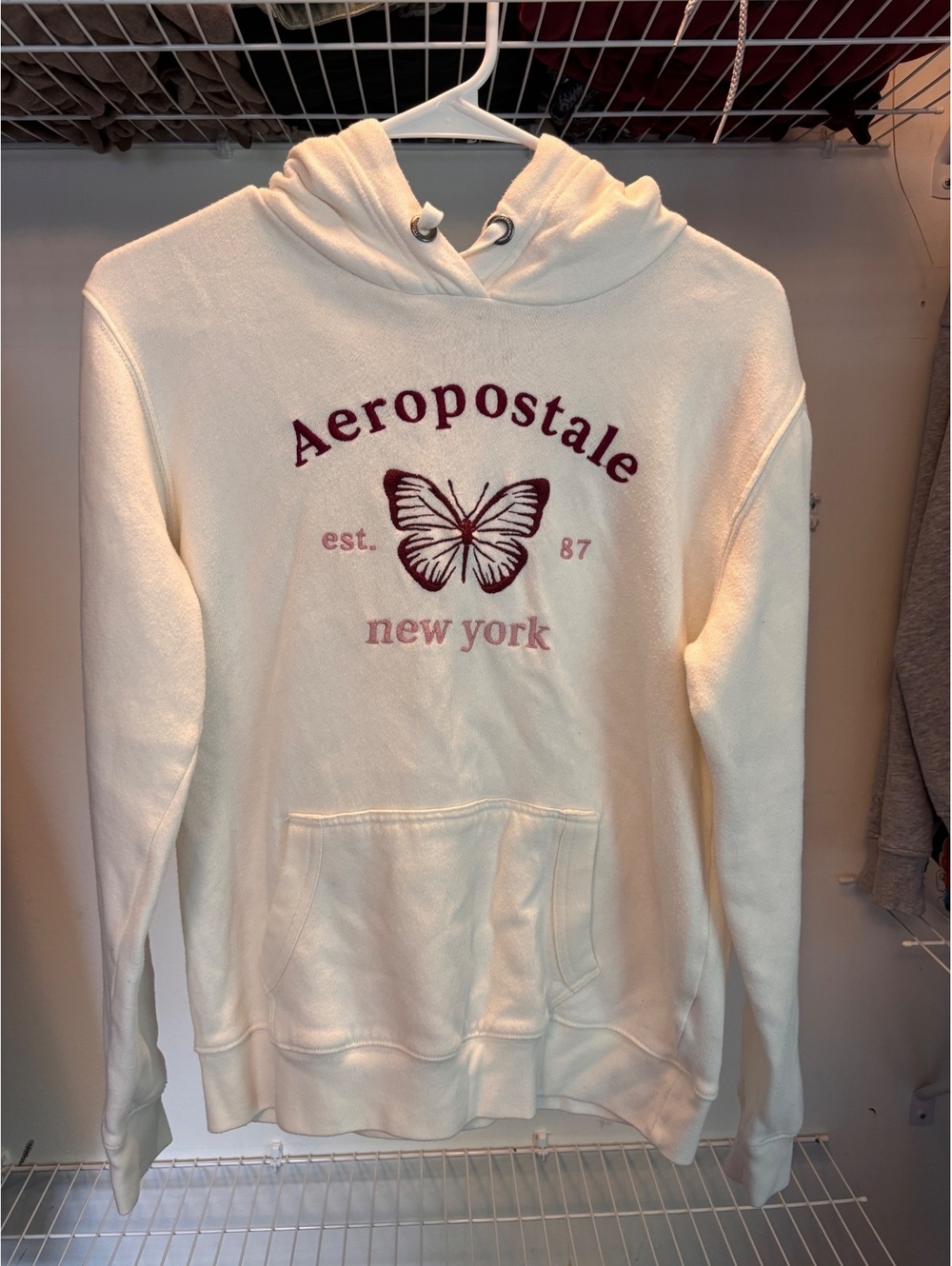 Aeropostale Cream Hoodie with Butterfly Print, Size Small